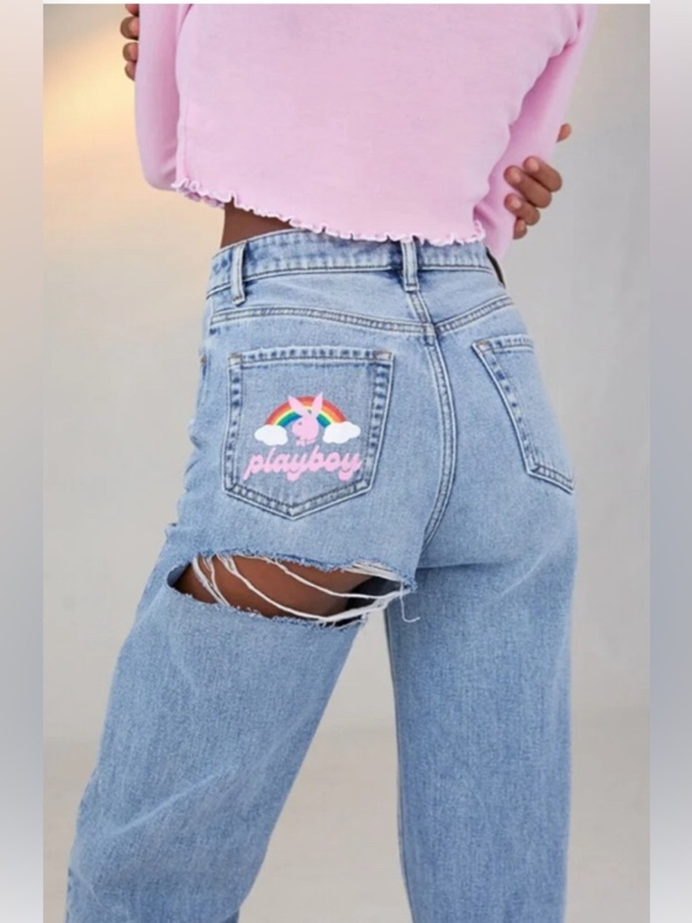 PacSun Playboy high waist straight leg back slash rainbow pocket casual jeans 25